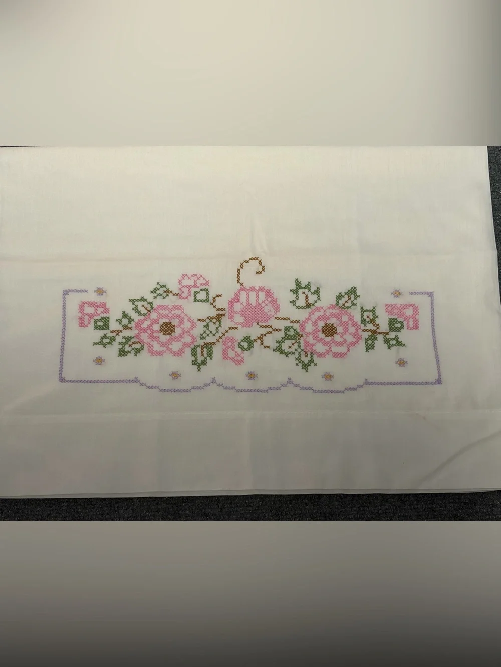 Vintage Hand Embroidered Needlepoint Pillowcases Pink Floral Pair Standard Size